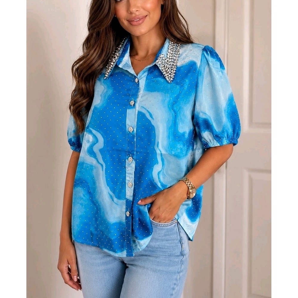 JJ's Fairyland NWT Turquoise Rhinestone Embellished Button Front Blouse S/M
